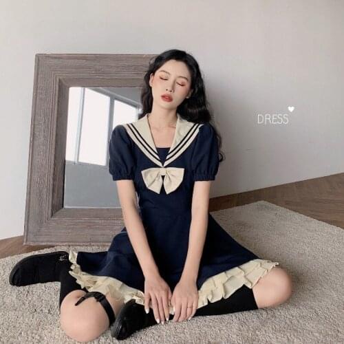 Women Dresses Harajuku Sailor Collar Navy Dress Japanese Lolita Sweet Bow-knot Kawaii Girl Korea Cute Academy Long Short Sleeve