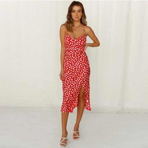 Women Dresses Summer 2021 Plus Size Clothes V Neck Strap Casual Print High Slit Blue Midi Backless Dress Elegant Vetement Femme
