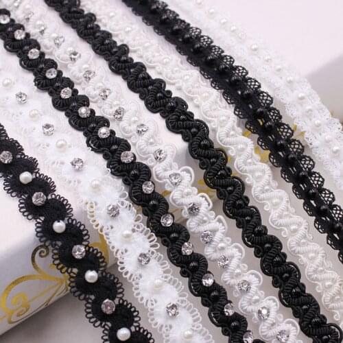 10Yards Rhinestone Chain Wave Shape Pearl Crystal Sew On Lace Trim Black White Ribbons Wedding Dress Decoration Costume Applique