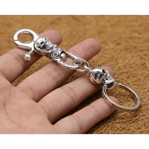 100% Real 925 Sterling Silver biker Retro skull keyring key ring keychain A1587