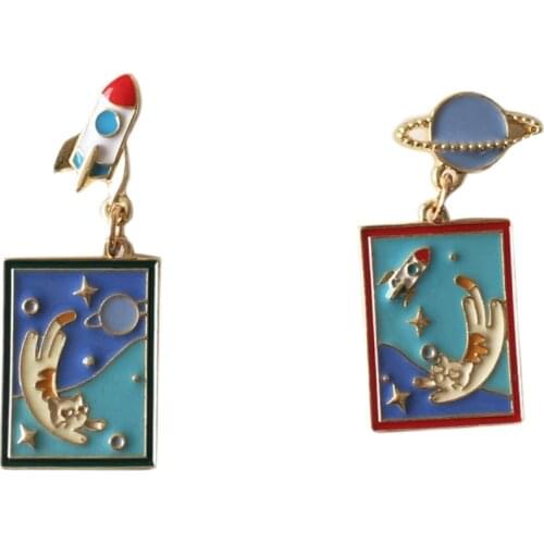 6 pair/lot wholesale fashion jewelry accessories cute korean metal enamel cat rocket planet dangle earrings