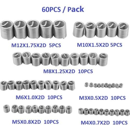 60pcs M3 M4 M5 M6 M8 M10 M12 Wire Thread Insert Helicoil Stainless Steel Easy Install Repair Tool Wire Threaded Inserts Kits