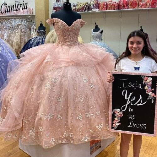 Quinceanera 2021 Ball Gown Prom Dresses Handmade Flowers Off The Shoulder Lace Evening Dress Lace Up Dresses