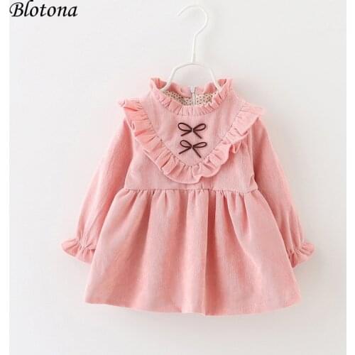 Blotona Cute Kids Baby Girl Bow Long Sleeve Solid Color Dress Winter Warm Corduroy Ruffled Party Dress for Little Princess Girls