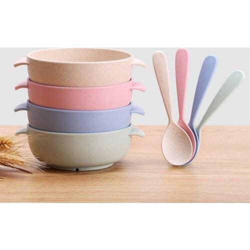 Wheat Straw Baby Dinner Bowl Children Cartoon Tableware Set Kids Dinner Plate Baby Training Bowl Spoon for Kids