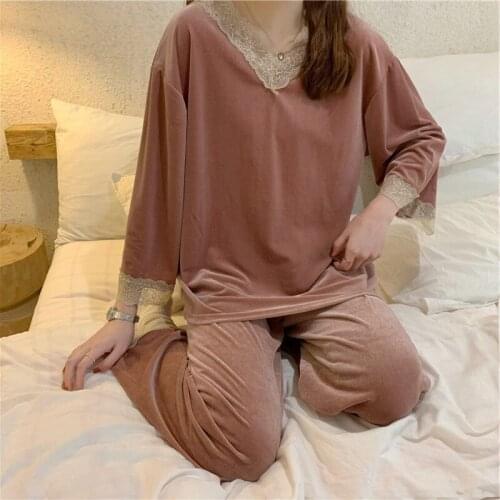 Fdfklak Spring Autumn Home Clothes 2Pcs Set Lace Splicing Sleepwear Female Tops+Pants Nighties Pijama Suit Gold Velvet