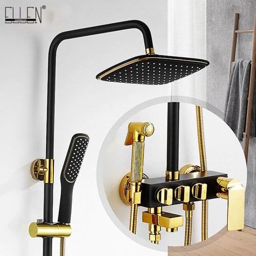 Bathroom Rain Shower Set with Bidet Spray Shower Black and Gold Wall Mounted Bath Shower Faucets with Hand Shower ELS2014