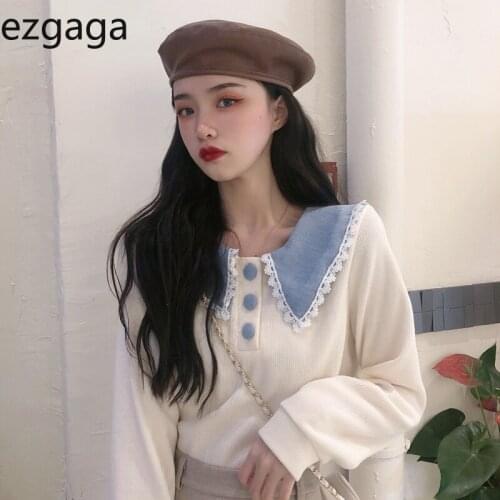 Ezgaga Chic Women Knitted Sweater Pullover Women Autumn Winter Lace Patchwork Lapel Long Sleeve All-Match College Style Sweet