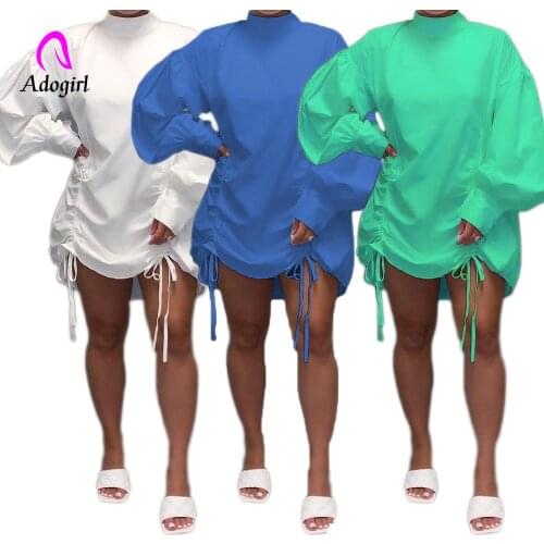 Fitness Hooded Dress Long SLeeve Fashion Latern Sleeve Shirt Mini Dress Turtleneck Drawstring Casual Vestidos Party Club Outfits