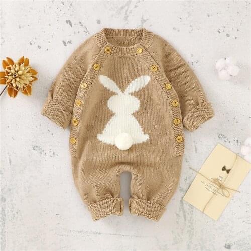 Newborn Baby Cute Knitted Rabbit Tail Patchwork Romper For Baby Boys Girls Weave Long Sleeve Jumpsuit Outfits Clothes 0-24 Month