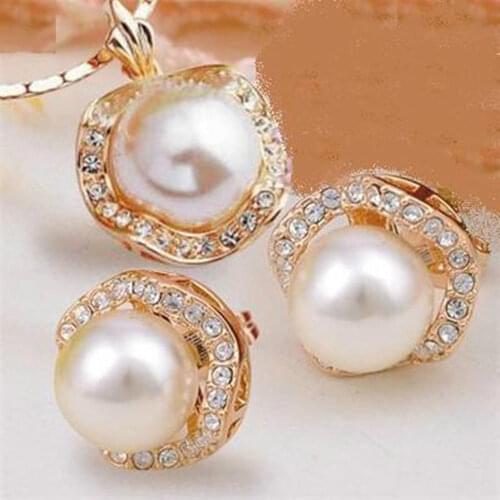 Hot selling> Wholesale wholesales Womens Jewellery bridal GP crystal shell pearl pendant necklace earrings set -Bride jewel