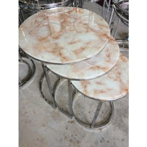 Mermer Görünümlü Gümüş Düz Ayaklı Krem Beyaz Üçlü Zigon Sehpa