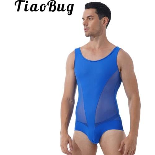 Mens Erotic Bodysuit Semi-see through Sheer Mesh Patchwork Leatord Sports Gym Wrestling Sleeveless Bulge Pouch Romper Jumpsuits