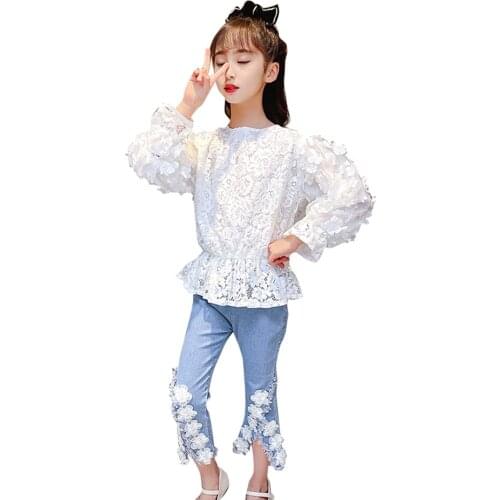 Girls Clothes Blouse + Jeans 2pcs Girls Clothings Set Lace Floral Girl Outfit Spring Autumn Childrens Costume 6 8 10 12 14