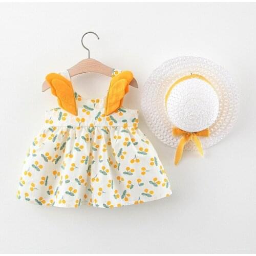 Toddler Girls Dress Summer Clothes Sets 2020 New Sleeveless Cherry Print Girls Dress + Straw Hat Children Clothing Party Dress