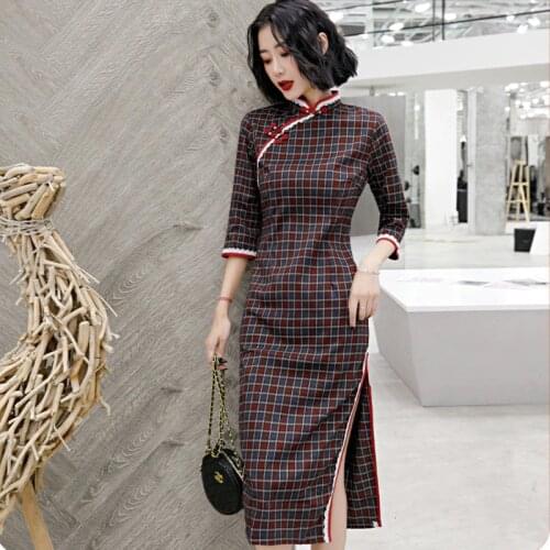 SHENG COCO Modern Cotton Cheongsam Dress Female Plaid Clothing Drak Red Autumn Chinese