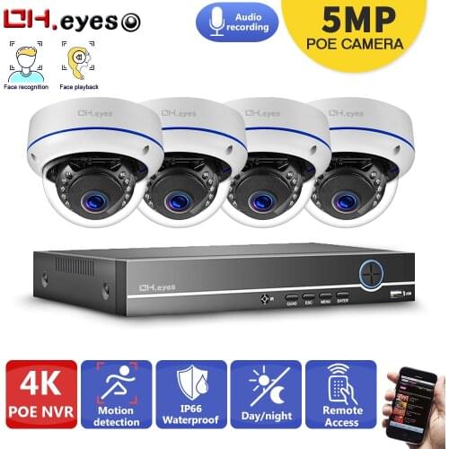 5MP 4K Ultra HD Security Camera System 4ch PoE NVR & 4 PoE IP Dome Cameras Surveillance 4CH NVR Kit P2P XMEYE