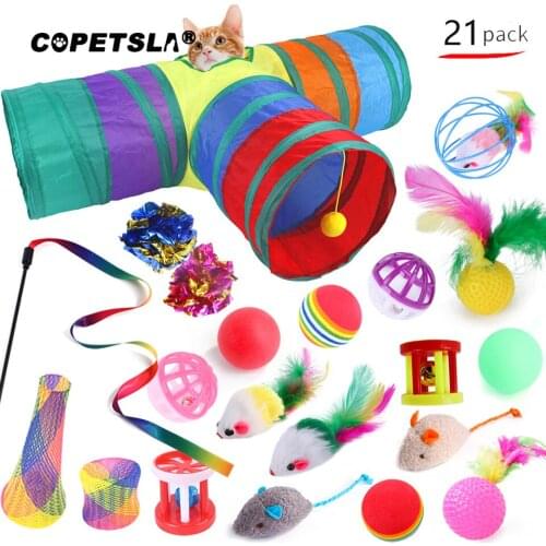 Copetsla 21Pcs Collapsible Tunnel Cat toy set Fun Channel Feather Ball Mice Shape Pet Kitten Dog Cat Interactive Play Supplier