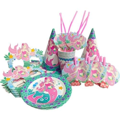 6Pcs/Set Green Pink Mermaid Birthday Party Decoration Plate Cup Paper Glasses Happy Birthday Party Straw Decoration
