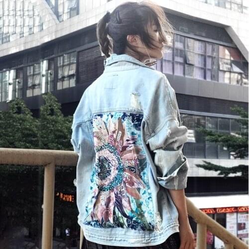 Streetwear Women Denim Jacket Fashion Beading Print Jeans Clothes Pocket Long Sleeve Loose Diamond Coat Female Harajuku Clothing
