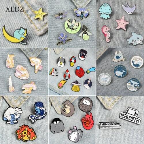 XEDZ New animal hedgehog cloak magic cat skeleton human head ghost suit enamel brooch jewelry denim clothes pendant gift