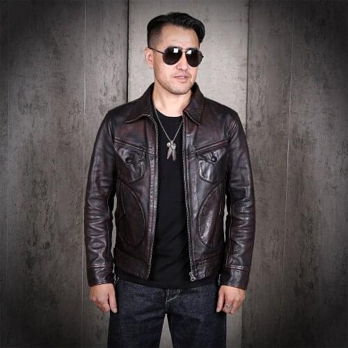YR!Free shipping.Brand new Quality tea core horsehide jacket,Classic leather clothes,Man quality Vintage genuine leather coat