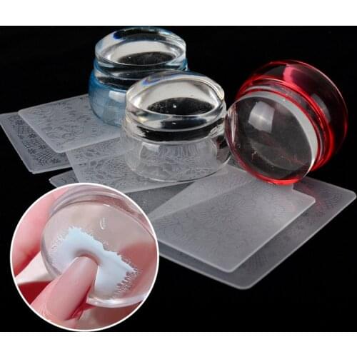 Mirror Nail Stamper Clear Silicone Head Manicure Scraper Polish Transfer Template Kits with Cap Nail Art Stamping Plate
