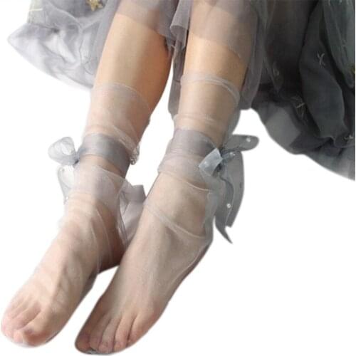 Womens Vintage Ultra-Thin Sheer Slouchy Ankle Socks Sweet Ribbon Bowknot Imitation Pearl Beading See-Through Mesh Tulle Loose Ho