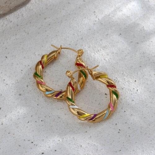 2021 High End Fashion Ladies Colorful Enamel Twisted Hoop Macrame Earrings No Tarnish Titanium Steel Funky Earrings