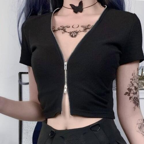 Women ladies Short Sleeve Crop top cotton Sexy Tee Women Solid Color Short Sleeve Deep V Neck Zipper Pullover Slim T-shirt