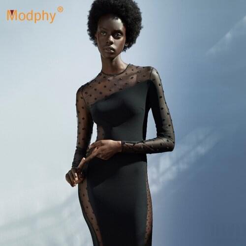 Free Shipping Sexy Black Polka Dot Bandage Dress Women Lace Patchwork Bodycon Midi Dresses Club Evening Party Vestidos 2021