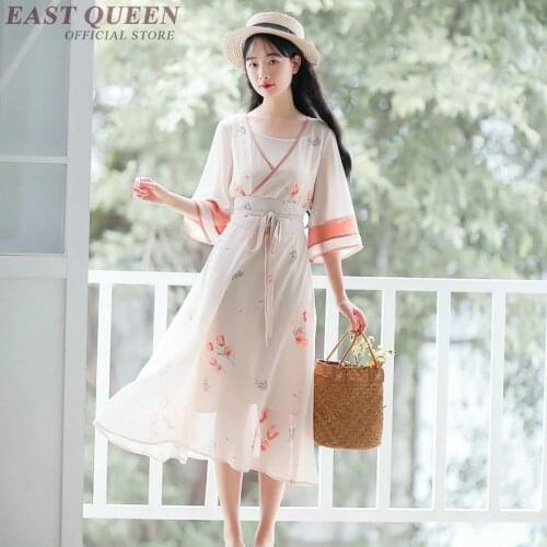 Chinese Style Dress Chiffon Three Quarter Sleeve Floral Japanese Kimonos Robe Vintage Femme Hanfu Dresses Summer 2019 TA1717