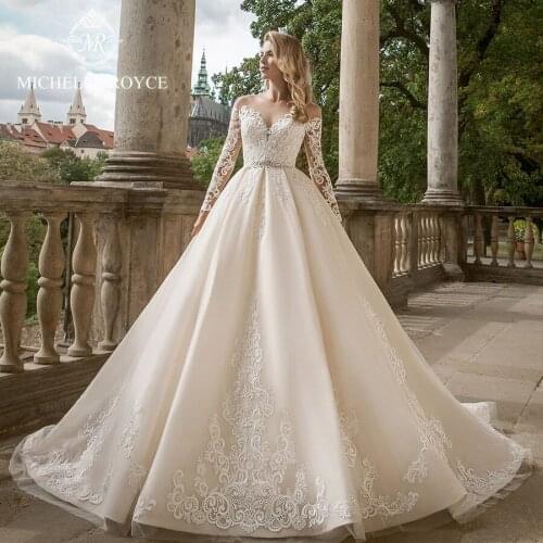 Michelle Royce Ball Gown Wedding Dresses 2020 V-neck Long Sleeve Appliques Cut-out Lace Button Chapel Train Vestido De Novia