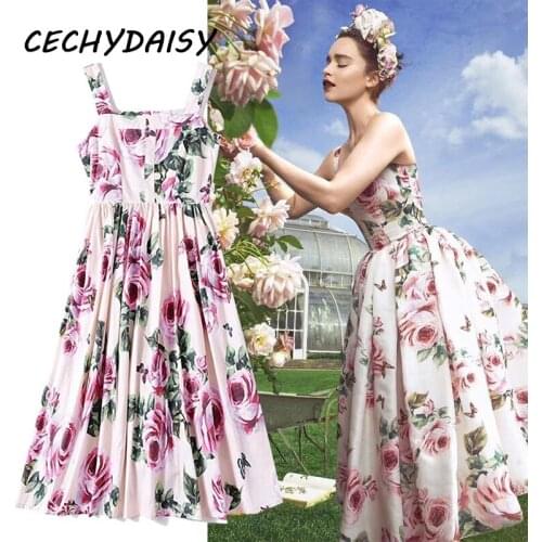 Pink Lily Floral Printed Sleeveless Dress Women Vintage Square Collar Beach Chic Ladies Clothes Spaghetti Strap Dresses Vestidos