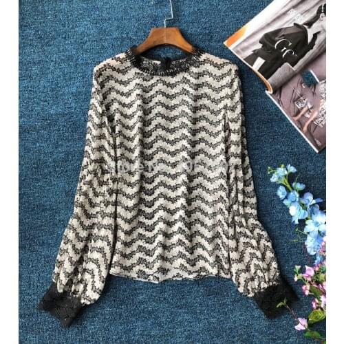 ElfStyle Top Version Silk 100% Black Flower Print Blouse Top - Ladies Micro-transparent Long Sleeve Blouse Shirt