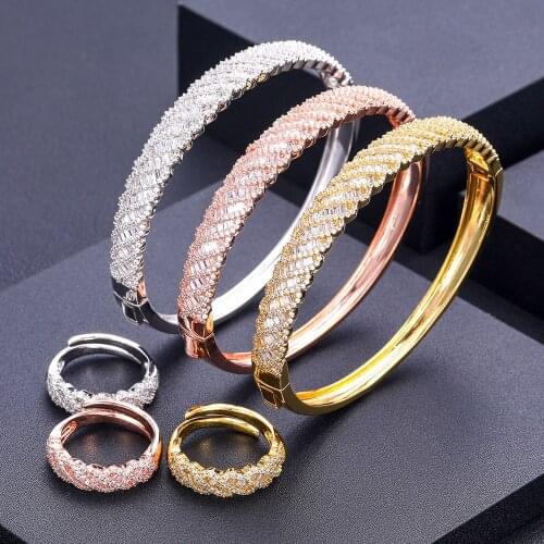 Janekelly Luxury Unique African Bangle Ring Set For Women Wedding Cubic Zircon Crystal CZ Dubai Bridal Jewelry Set