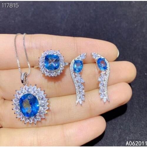 KJJEAXCMY fine jewelry natural blue topaz 925 sterling silver noble girl new gemstone pendant earrings ring set support test