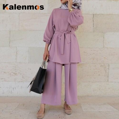 KALENMOS Eid Two Piece Sets Muslim Women Abaya Turkey Hijab Dress Caftan Moroccan Kaftan Islamic Dubai Ramadan Ensembles Abayas
