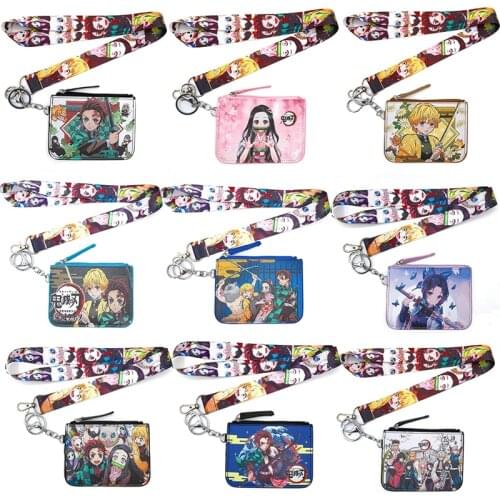 Demon Slayer Wallets Cartoon Anime Money Purses Wallets Coin ID Card Key Chain Purse Bag with Lanyard Women Men Children Gift