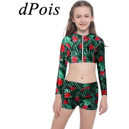 Girls Two Pieces Swimsuits Summer Long Sleeves Swimwear Swimming Bathing Suits Printed Top with Shorts Childrens Beach Wear