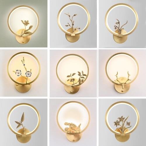 Copper New Chinese Lamp Bedroom Bedside Wall Lamp Circular Zen Pure Copper Living Room Background Wall Corridor Lamp