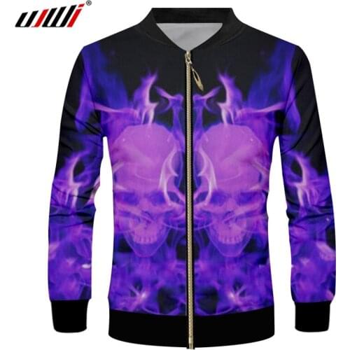 UJWI Man New 3D Zip Jacket Printed Purple Flame Skulls Zipper Coat Mens Trend Hip Hop Large Size Unisex Street Clothing