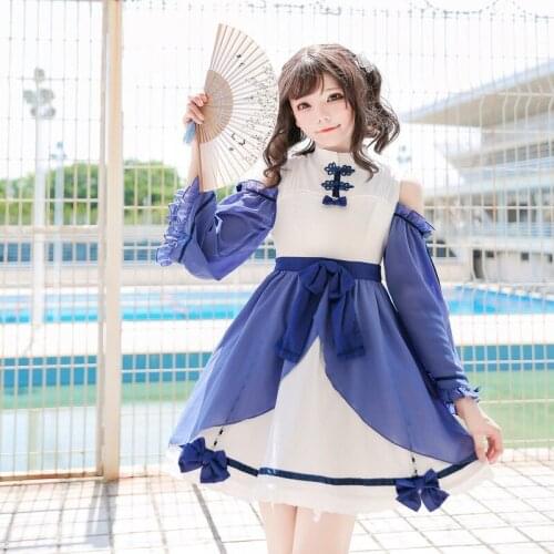 Soft girl cute girl Republic of China style Han elements ancient style improved buckle chiffon small blue and white strapless lo