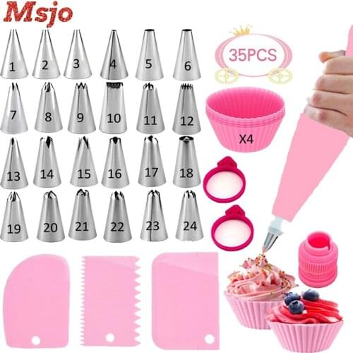 Msjo 35 Piece Cake Decorating Set Stainless Steel Russian Pipe Tips Butterscotch Nozzle Pastry Bag Cake Baking Tool