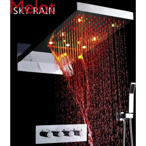 Wall Mounted Rainfall Shower Head 22 Inches LED Shower Set Waterfall Shower Thermostatic Mixer