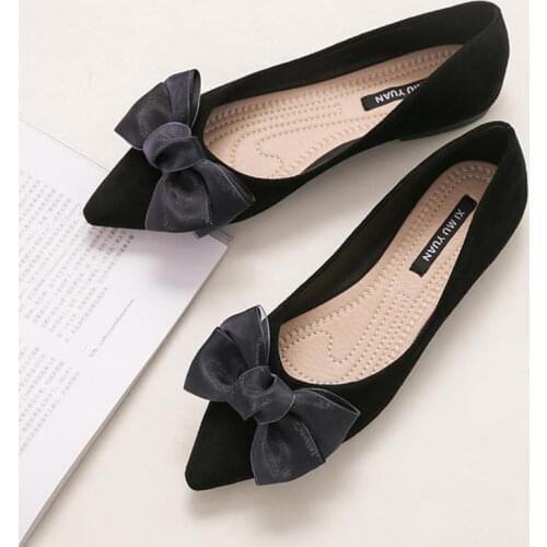 2021 Autumn New Korean Fashion Flock Flat Bottom Satin Bow Plus Size Women Shoes 41 42 43
