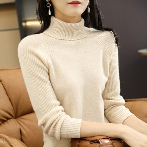 Autumn and winter new style 100% wool knitted high neck loose short solid color long-sleeved bottoming womens pullover