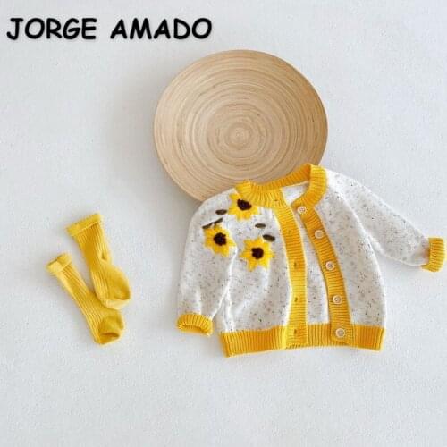 2021 New Autumn Girls Sweater Long Sleeves Round Collar Sunflower Single Breasted Open Stitch Knitting Children Wool Coat E3045