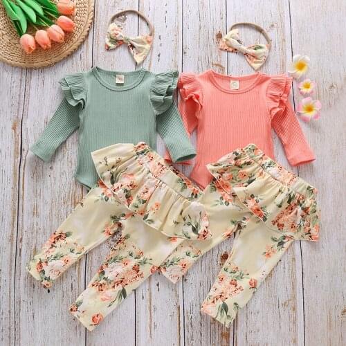2020 Baby Autumn Clothing Newborn Baby Girl Clothes Romper Tops Floral Pants Headband Ruffle Long Sleeve 3Pcs Infant Outfits