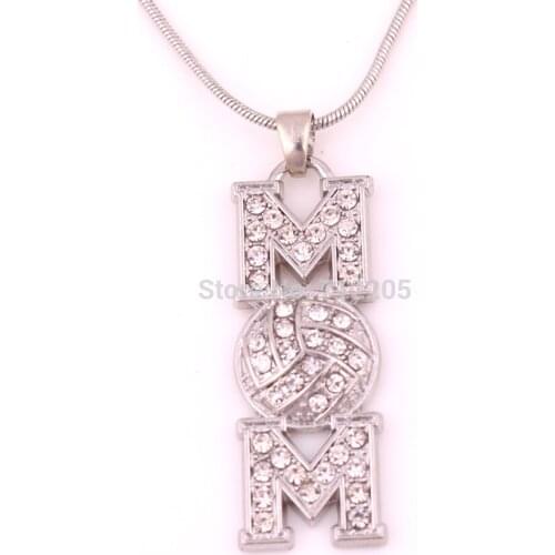 New Arrival zinc alloy rhodium plated Volleyball Mom Pave clear Crystal sports Pendant chain necklace